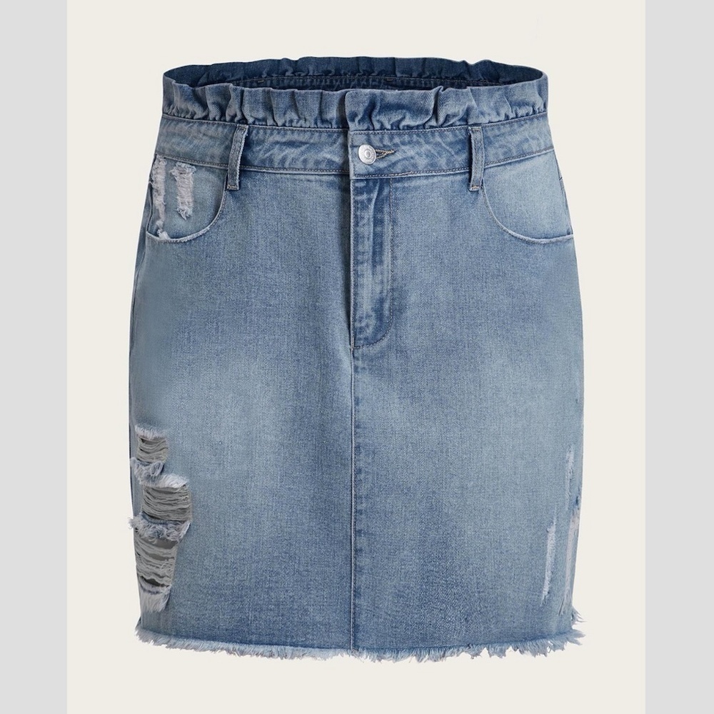 SHEIN Raw Hem Paperbag Waist Ripped Denim Skirt